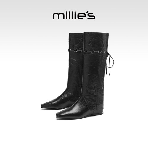 MILLIE'S/妙丽2025新款秋冬复古方头绑带长靴女高筒骑士靴马丁靴Z - 图1