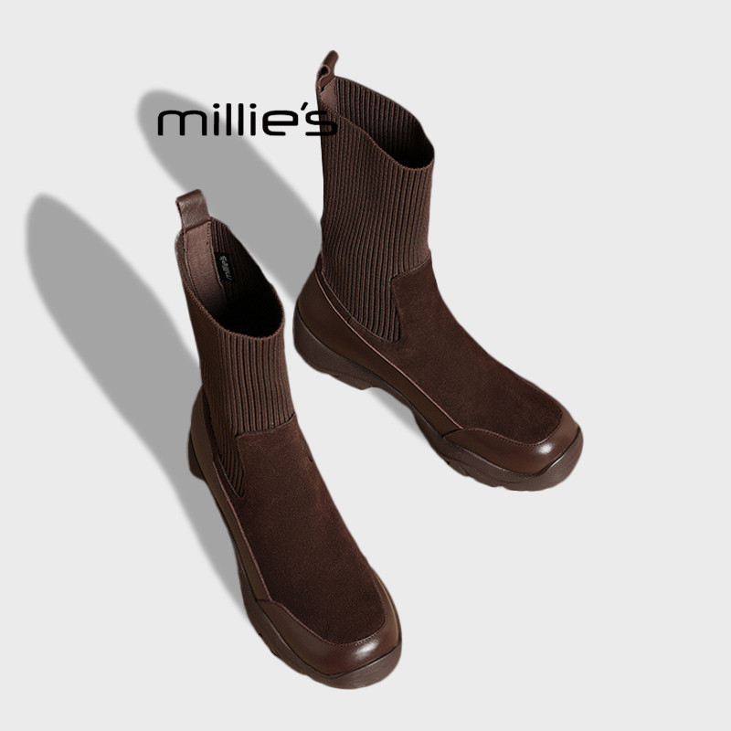 MILLIE'S/妙丽厚底弹力袜靴中筒瘦瘦靴切尔西靴针织拼接棕色短靴Z,淘宝优惠券,粉丝福利购,淘宝优惠卷