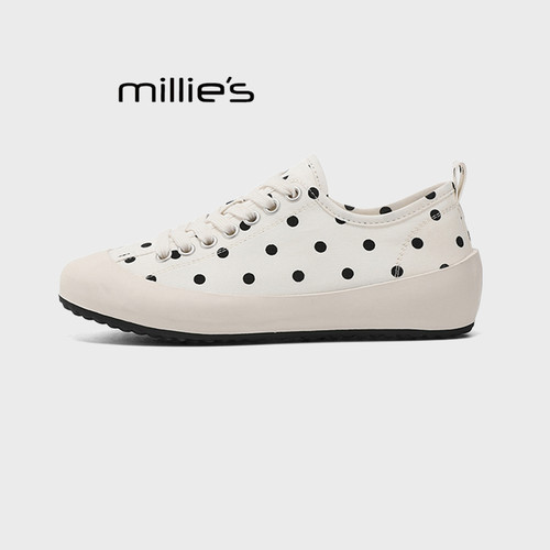 MILLIE'S/妙丽2026夏季韩式圆头系带波点帆布鞋女舒适休闲板鞋潮Z - 图2