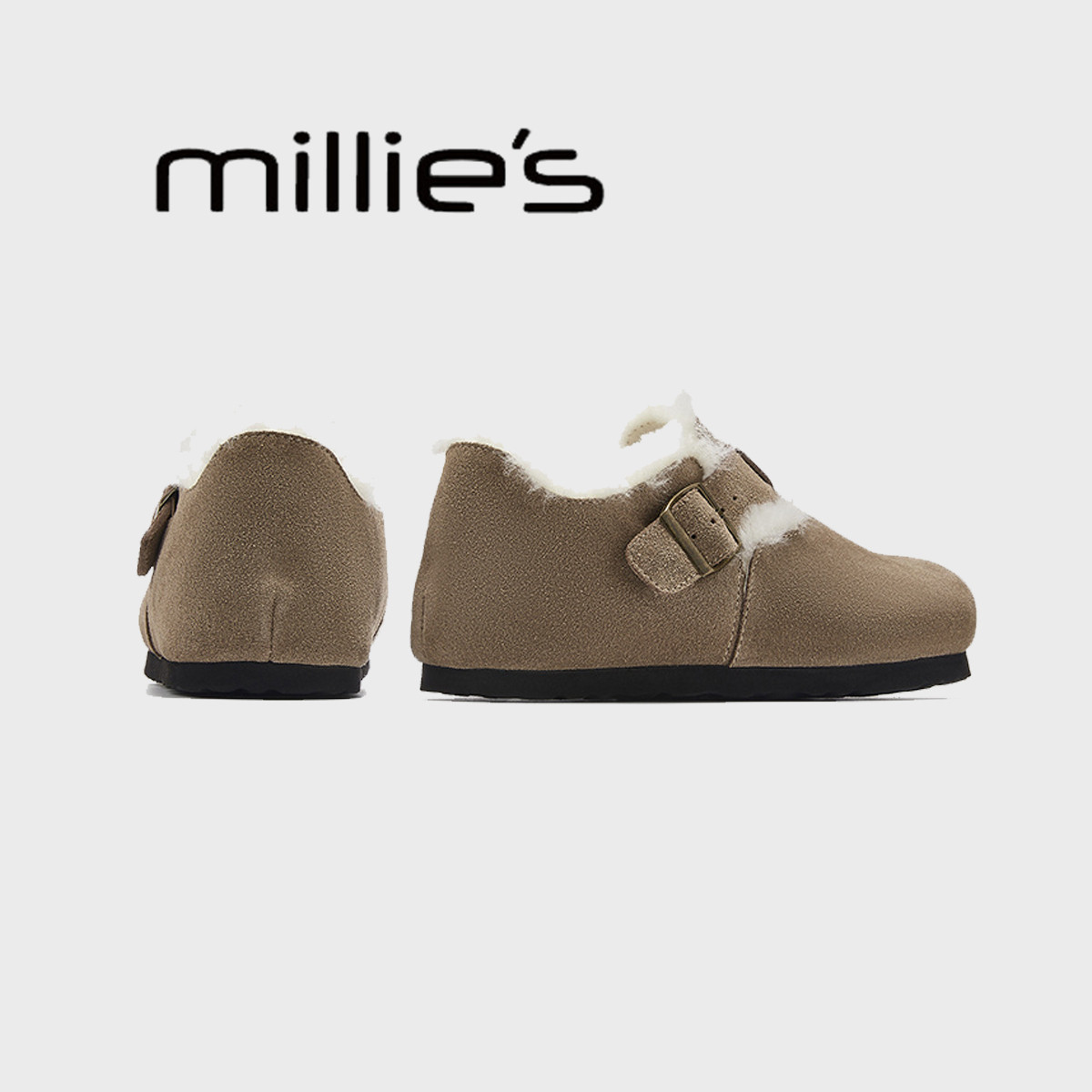 MILLIE'S/妙丽圆头平底毛茸茸羊毛一体保暖软底舒适勃肯女鞋冬季,淘宝优惠券,粉丝福利购,淘宝优惠卷
