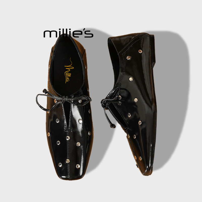 MILLIE'S/妙丽复古铆钉系带镂空玛丽珍单鞋女方头皮鞋通勤乐福鞋Q,淘宝优惠券,粉丝福利购,淘宝优惠卷