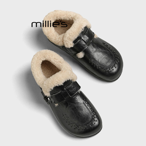 MILLIE'S/妙丽毛绒勃肯鞋女冬季新款加绒保暖一脚蹬厚底休闲棉鞋Q - 图0