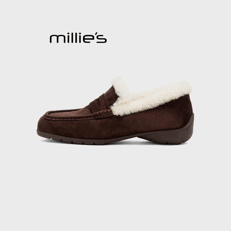 MILLIE'S/妙丽法式平底懒人一脚蹬加绒乐福鞋女外穿毛绒豆豆鞋冬Q,淘宝优惠券,粉丝福利购,淘宝优惠卷