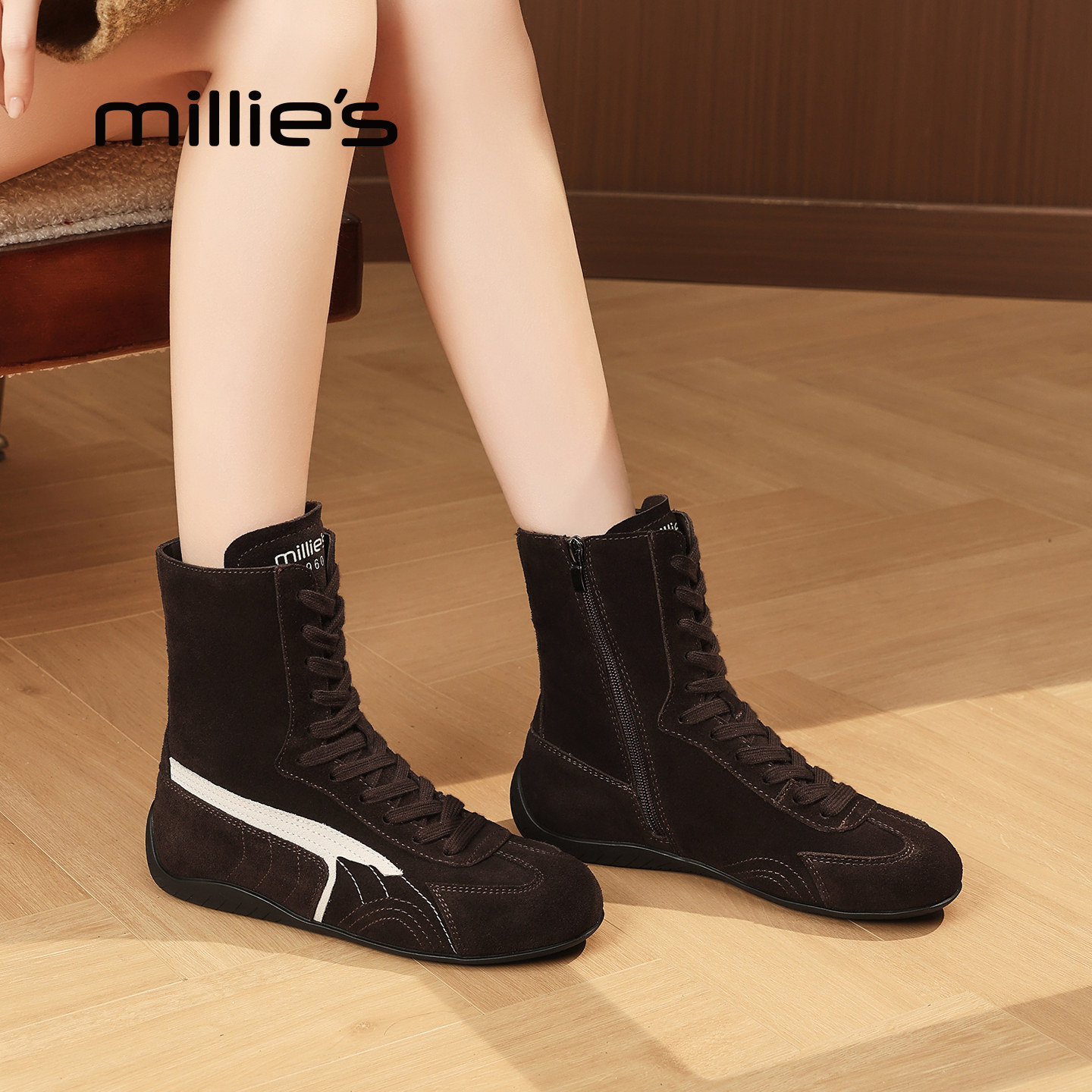 MILLIE'S/妙丽平底德训高帮鞋女新款百搭休闲鞋系带短靴瘦瘦靴潮,淘宝优惠券,粉丝福利购,淘宝优惠卷