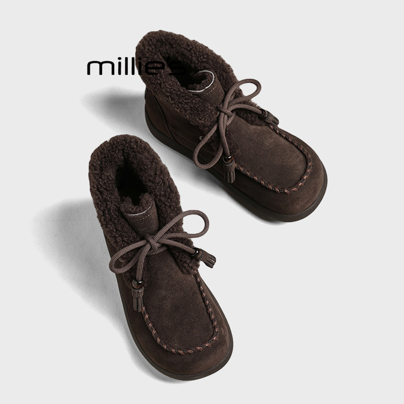 MILLIE'S/妙丽秋冬季加绒加厚保暖系带百搭流苏羊羔毛复古雪地靴Z,淘宝优惠券,粉丝福利购,淘宝优惠卷