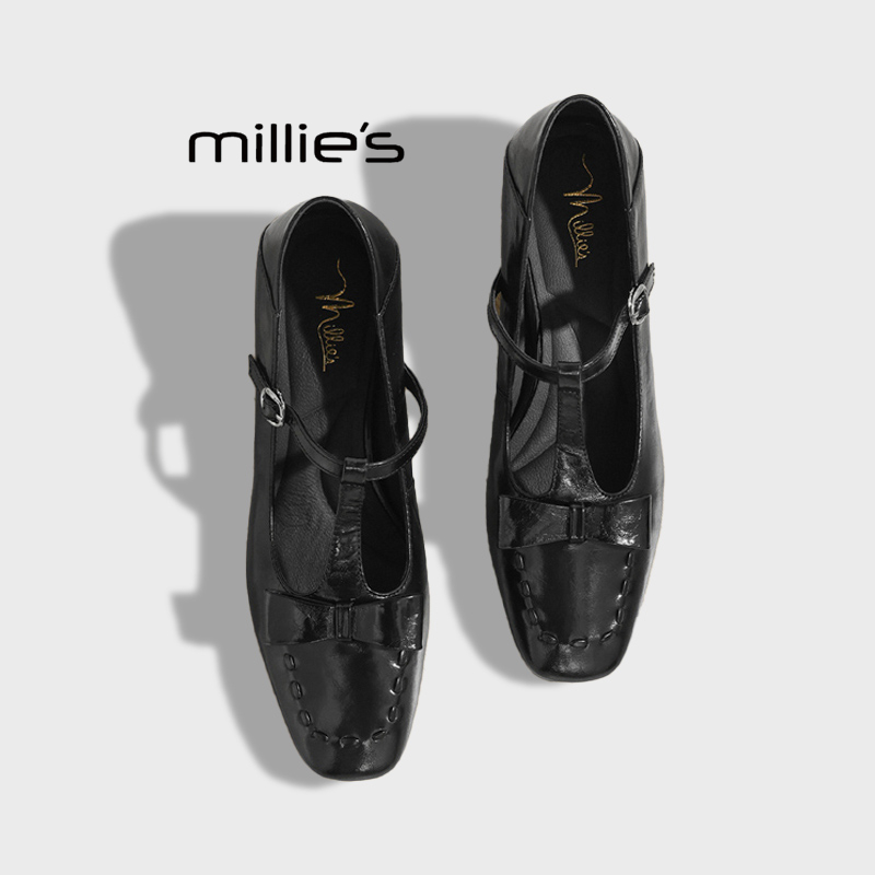 MILLIE'S/妙丽复古蝴蝶结玛丽珍鞋2025新款小皮鞋方头浅口单鞋女 - 图2