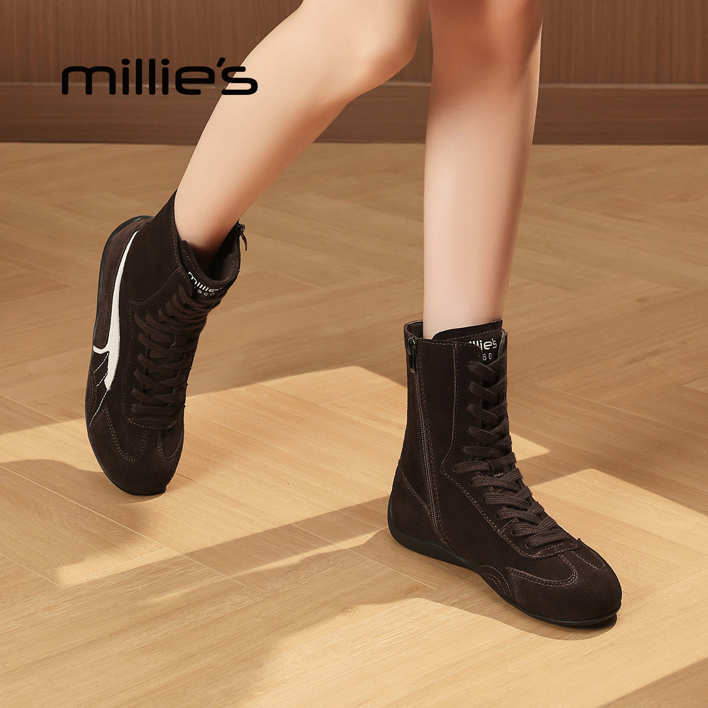MILLIE'S/妙丽平底德训高帮鞋女新款百搭休闲鞋系带短靴瘦瘦靴潮,淘宝优惠券,粉丝福利购,淘宝优惠卷