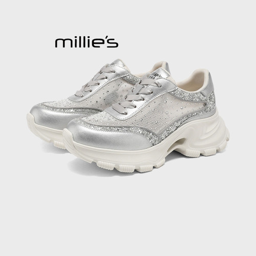 MILLIE'S/妙丽2026夏季透气薄款老爹鞋女网面水钻厚底绝美休闲鞋Z - 图1