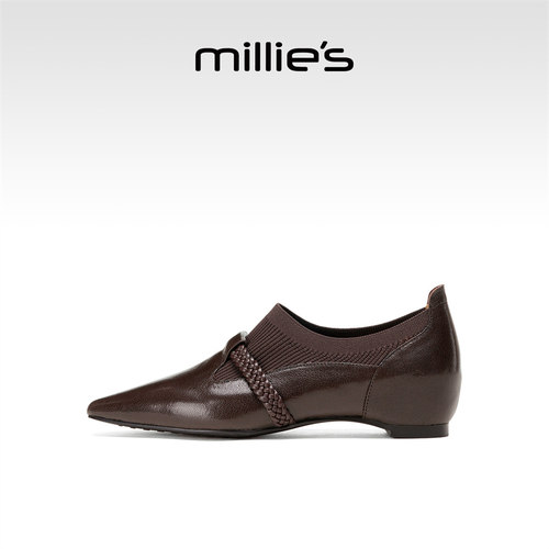 MILLIE'S/妙丽真皮内增高尖头法式单鞋新款袜口编织一脚蹬小皮鞋 - 图1