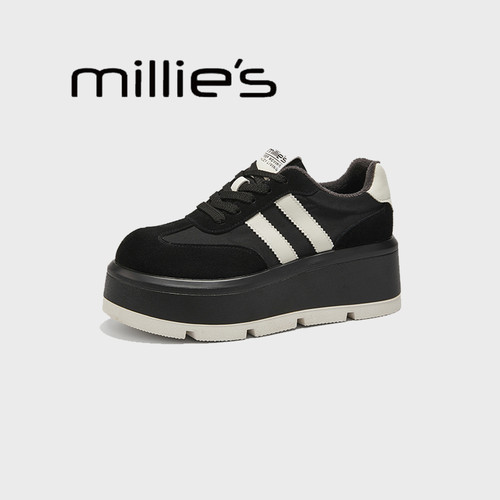 MILLIE'S/妙丽复古条纹撞色设计感户外加绒保暖运动增高板鞋冬季 - 图1