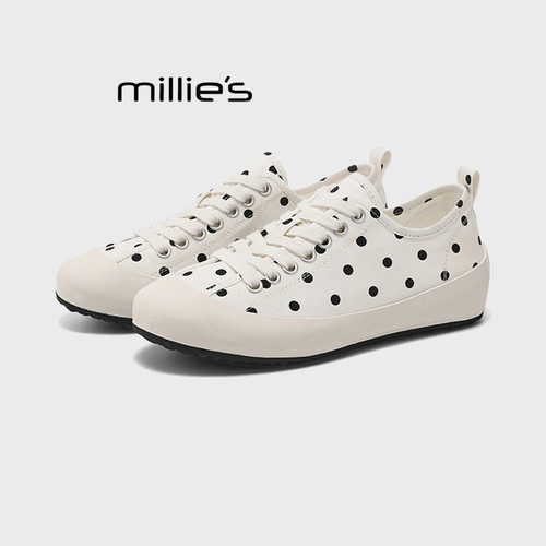 MILLIE'S/妙丽2026夏季韩式圆头系带波点帆布鞋女舒适休闲板鞋潮Z - 图1