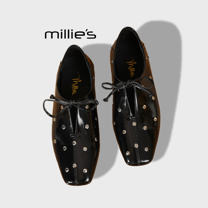 MILLIE'S/妙丽复古铆钉系带镂空玛丽珍单鞋女方头皮鞋通勤乐福鞋Q,淘宝优惠券,粉丝福利购,淘宝优惠卷