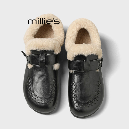 MILLIE'S/妙丽毛绒勃肯鞋女冬季新款加绒保暖一脚蹬厚底休闲棉鞋Q - 图2