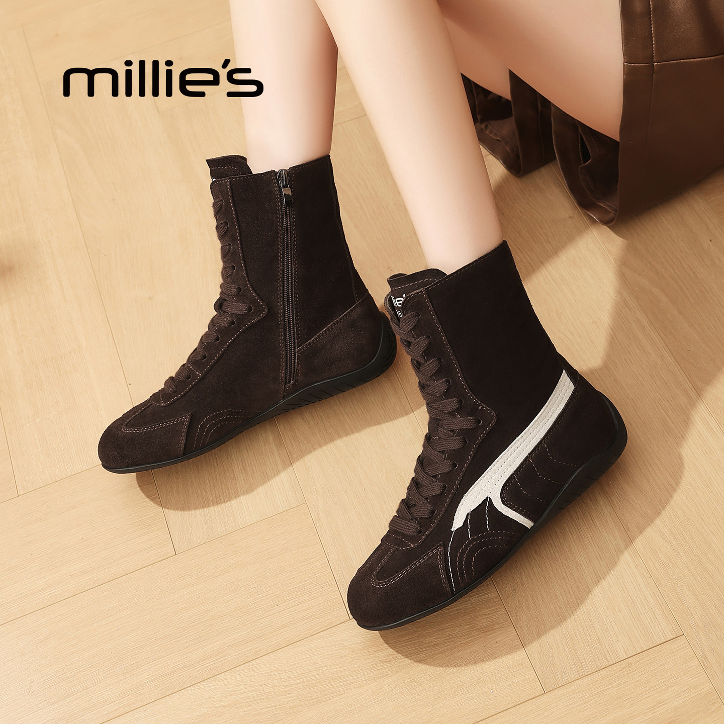 MILLIE'S/妙丽平底德训高帮鞋女新款百搭休闲鞋系带短靴瘦瘦靴潮,淘宝优惠券,粉丝福利购,淘宝优惠卷