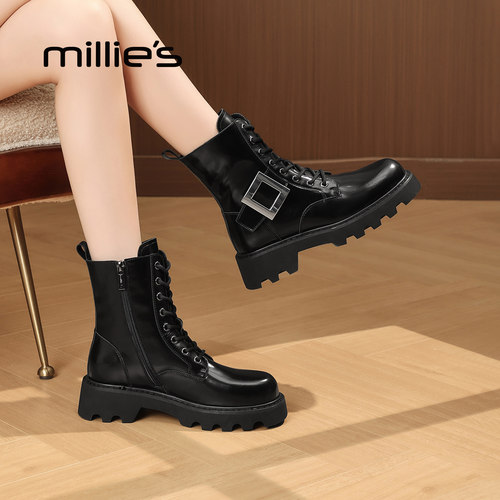 MILLIE'S/妙丽秋冬新款马丁靴女英伦风厚底增高短靴百搭休闲靴子 - 图0