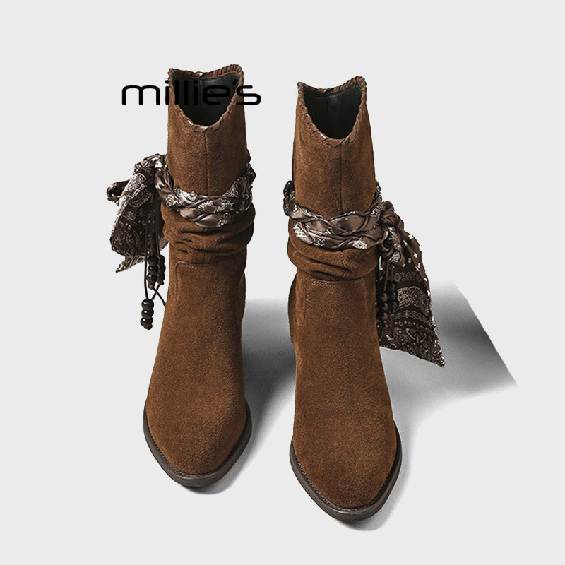 MILLIE'S/妙丽棕色麂皮堆堆靴女丝巾绑带西部风中筒靴不累脚短靴Z,淘宝优惠券,粉丝福利购,淘宝优惠卷