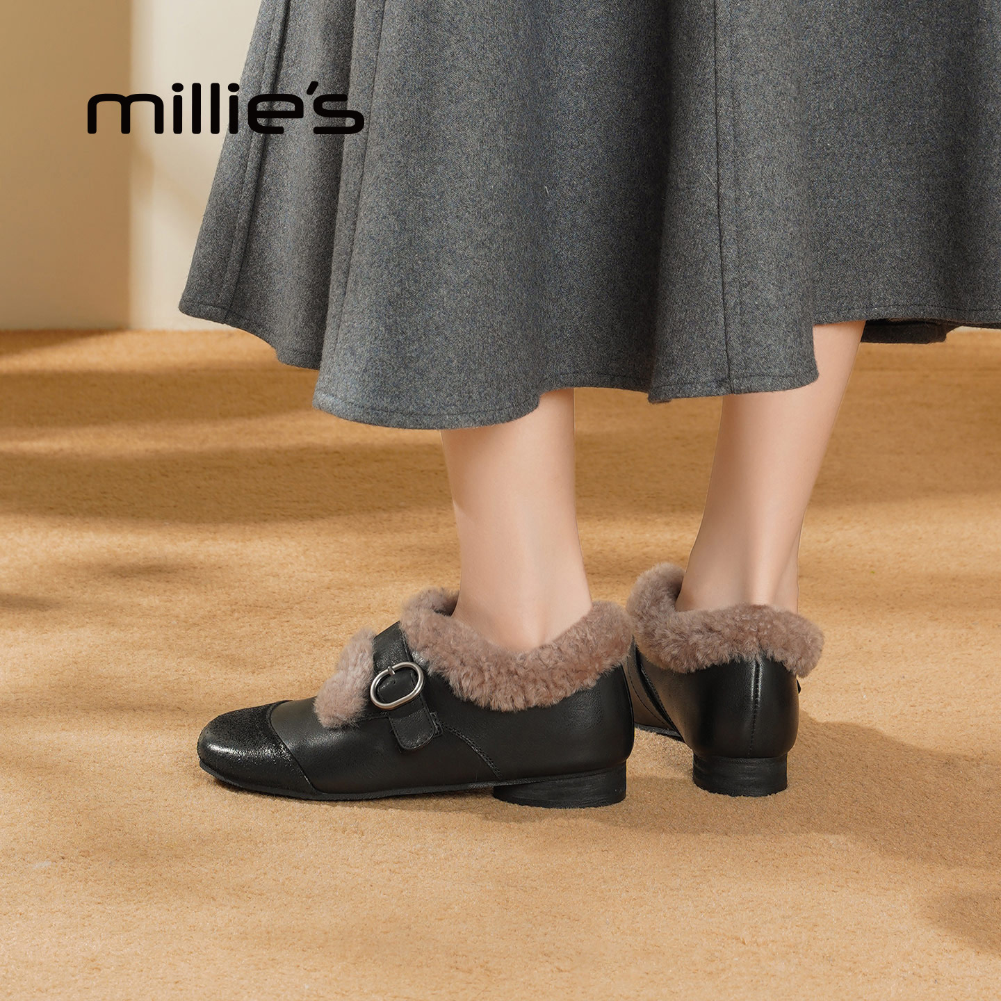 MILLIE'S/妙丽加绒乐福鞋女冬季保暖一脚蹬棉鞋真皮平底小皮鞋Z - 图2
