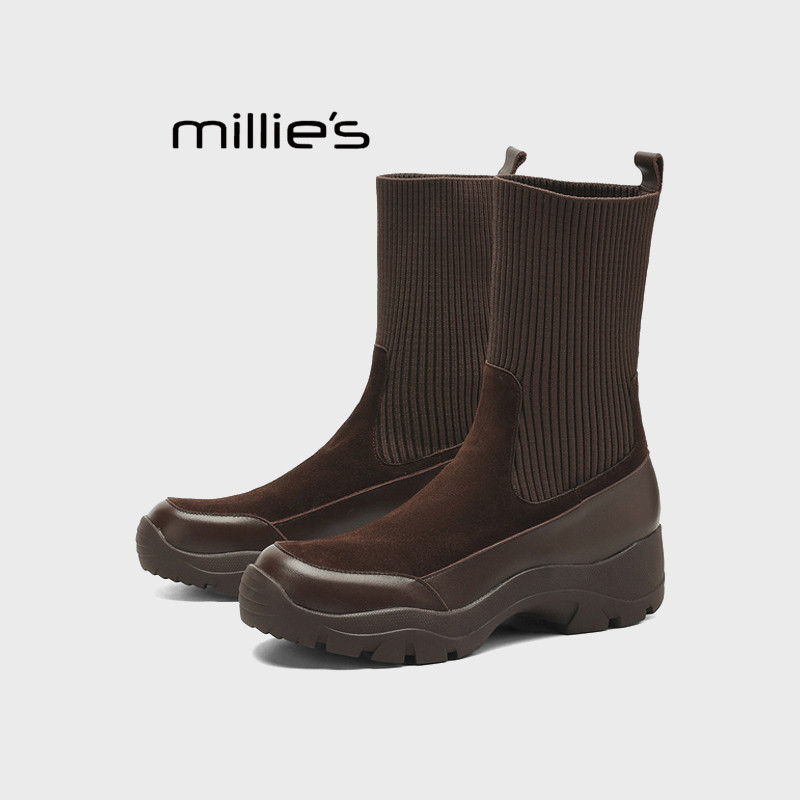 MILLIE'S/妙丽厚底弹力袜靴中筒瘦瘦靴切尔西靴针织拼接棕色短靴Z,淘宝优惠券,粉丝福利购,淘宝优惠卷