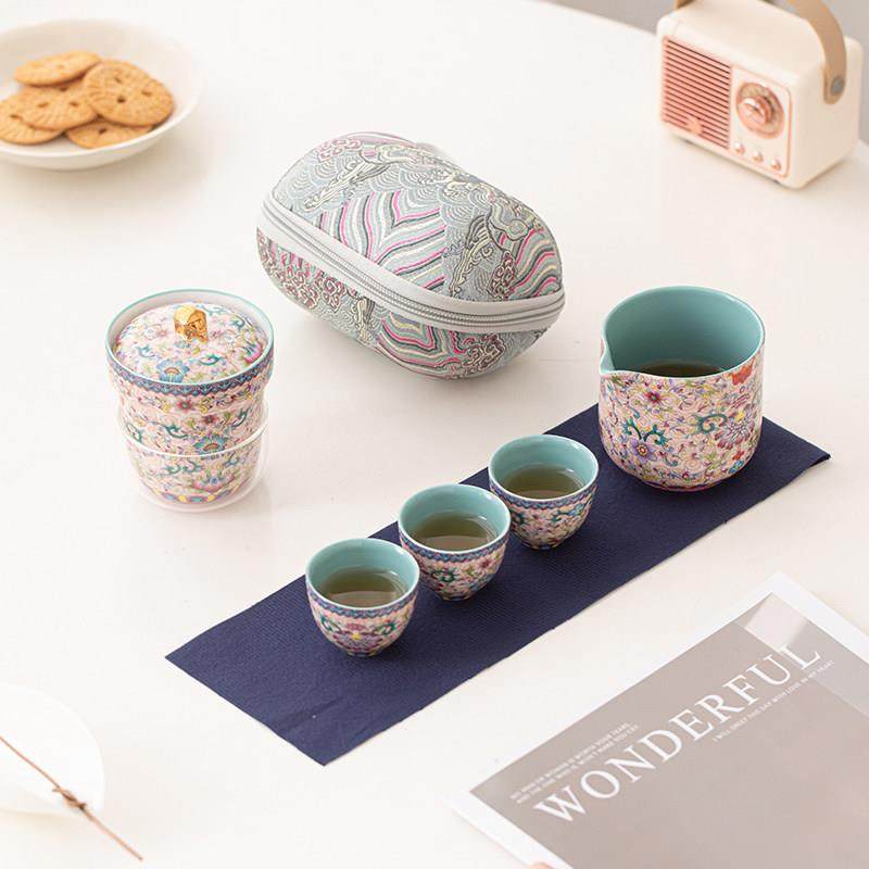 古晟 宫廷风珐瑯彩旅行茶具一壶三杯户外可携式简易泡茶快客小套,淘宝优惠券,粉丝福利购,淘宝优惠卷