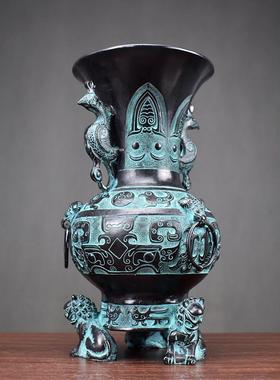 狮子花瓶青铜器仿古摆件工艺礼品收藏古董办公室书柜复古装饰品