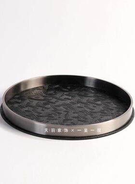 天羽现代简约圆形金属框托盘灰色系皮革椭圆装饰盘样板间茶几收纳