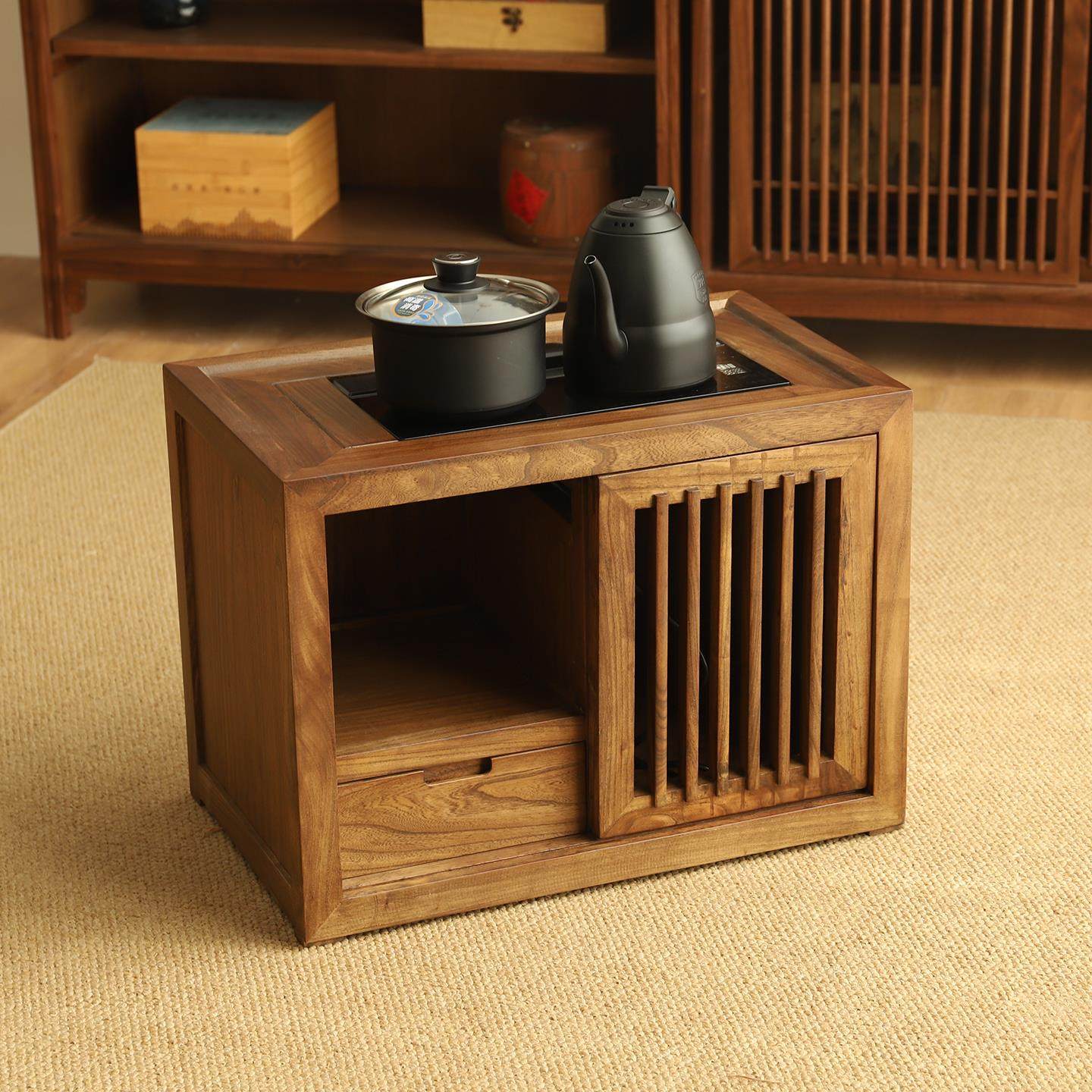 新中式榻榻米茶几阳台茶台地台桌榆木炕几简约矮桌实木茶桌椅组合 - 图2