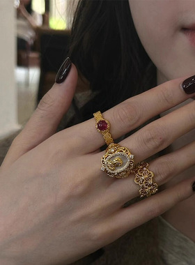 小红书爆款复古宫廷红宝食指戒女新中式高级感戒指首饰品