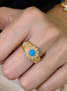 小红书爆款拉丝绿松石满钻戒指2025新款古法重工金色蓝松闪钻指环