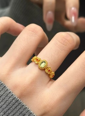 古法黄金色橄榄石彩宝戒指女