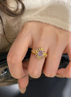 小红书爆款紫荆缎带戒指复古高贵优雅紫色锆石指环气质精致手饰品