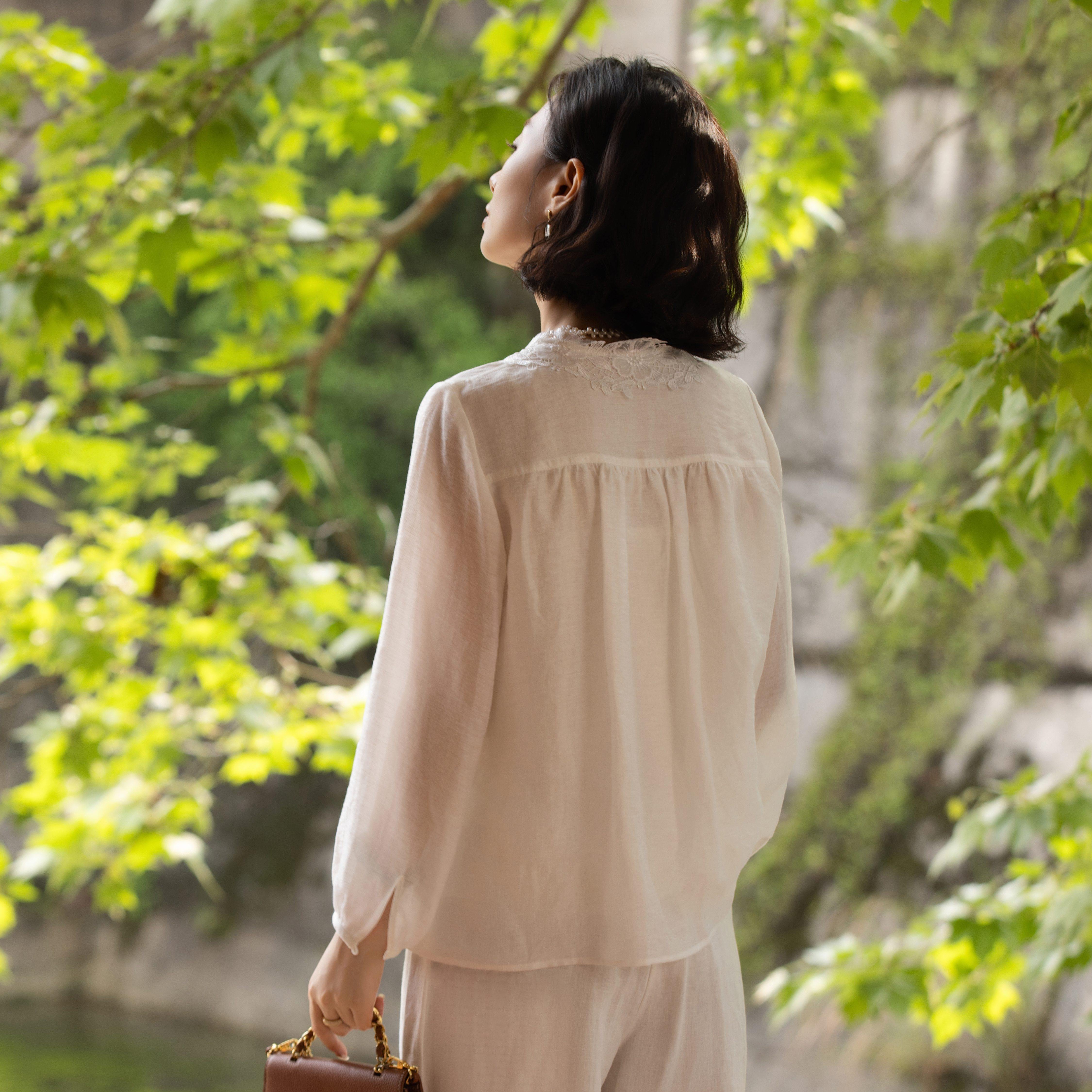 西子/【月光山茶】莱赛尔亚麻法式蕾丝薄款白衬衫女春夏/CSSJ005