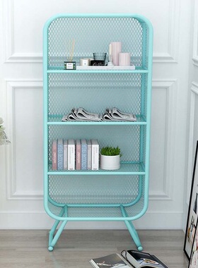 轻奢客厅铁艺书架展示架金属落地小书柜卧室飘窗柜网格储物置物架