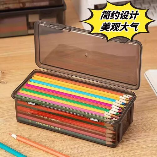 文具收纳盒大容量透明铅笔收纳笔筒装彩铅蜡笔素描笔筒透明收纳盒-图3