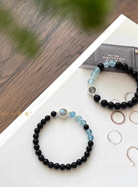 原创天然黑曜石海蓝宝手串女礼物