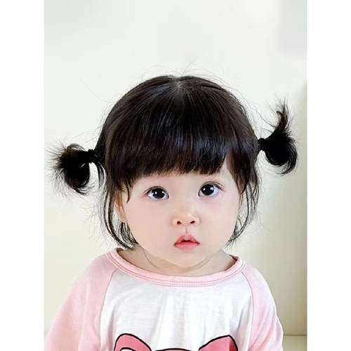 儿童假发女短发可爱婴儿双丸子头发型轻薄透气空气刘海拍照全头套 - 图3