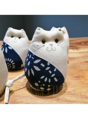 南通特产手工蓝麒麟蓝印花布blue calico 手绘日式招财猫玩具摆件