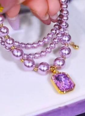 2024新款紫色珍珠项链简约优雅气质小众锁骨链短款毛衣链大气吊坠