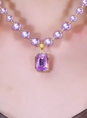 网红爆款王妃项链女新款时尚紫色珠珠锁骨链简约高级感毛衣链首饰