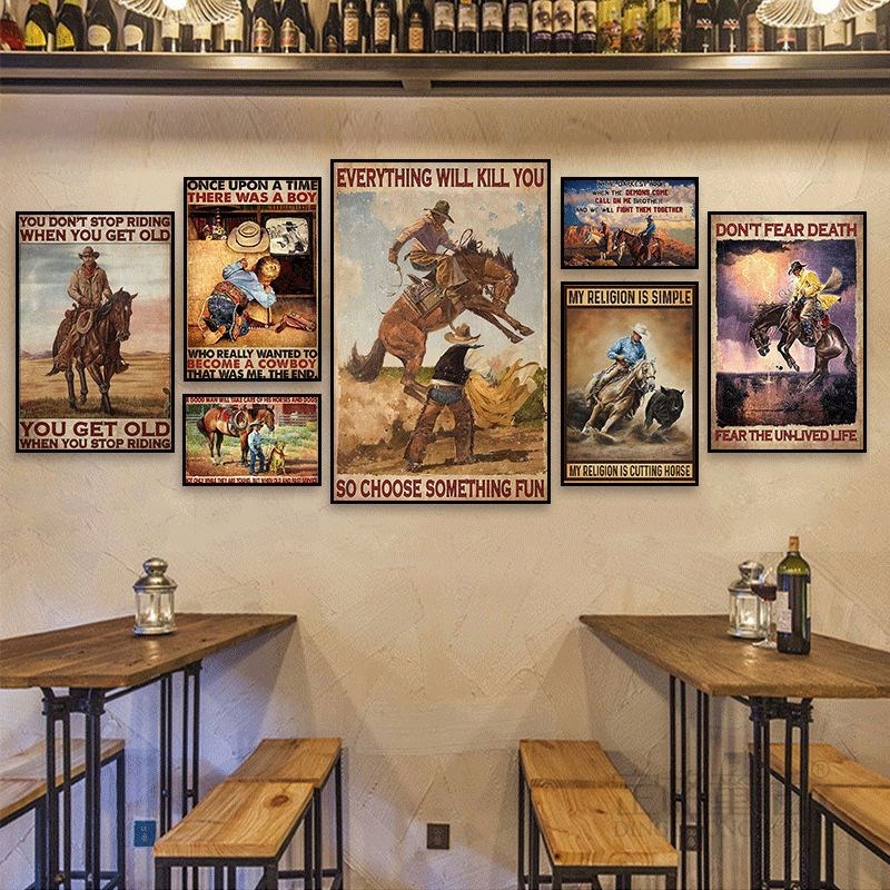 西部牛仔装饰画工业风酒吧酒馆美式复古骑马挂画咖啡馆啤酒屋壁画 - 图1