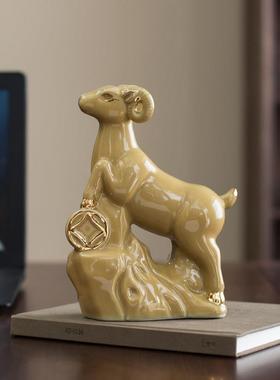 土黄色陶土陶瓷器生肖羊摆件化解西南缺角补角招财风水镇宅吉祥物