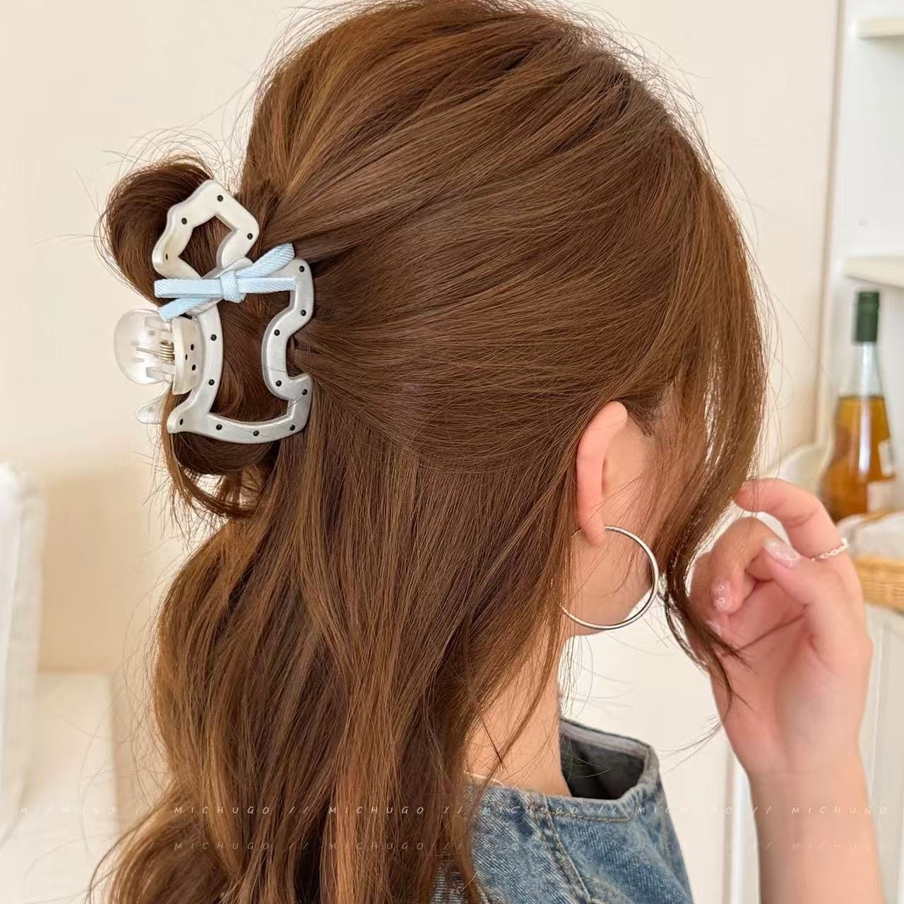 新款-韩系ins新款蝴蝶结波点小狗抓夹可爱小狗发夹半扎盘发鲨鱼夹,淘宝优惠券,粉丝福利购,淘宝优惠卷