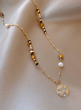 秋冬美拉德星星圆盘珍珠项链女款2024新款颈链轻奢小众精致毛衣链