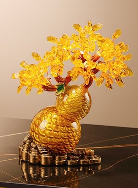 招财镇宅葫芦摆件 创意金黄元宝发财树客厅玄关电视柜酒柜装饰品