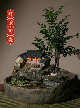 桌面微景观小鱼缸流水摆件循环水客厅办公室装饰开业乔迁新居礼品