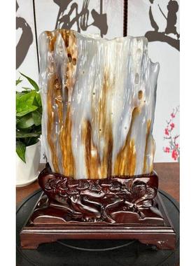天然缅甸树化玉原石木化石桌面观赏石头摆件客厅装饰品日常送礼