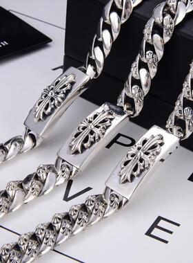 美式双头十字架宝剑手链复古重工港风手环嘻哈饰品S925坦克链银环