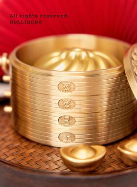 逅里「盆满富贵」黄铜聚宝盆 一桶金小摆件 八方来财招财开业装饰