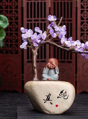 天然紫水晶树粗陶陶瓷摆件水晶花盆 室内家居办公桌创意摆件