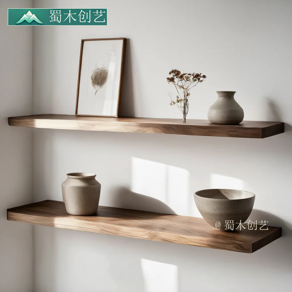 蜀木创艺墙上一字搁板置物架黑胡桃木色层板书架上墙实木一字隔板,淘宝优惠券,粉丝福利购,淘宝优惠卷