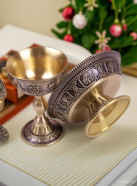铜护杯藏式覆古供养杯镀金密宗八吉饰供水杯净水抗氧化雕刻